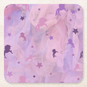 Posavasos Cuadrado De Papel unicornio rosa y púrpura y diseño estelar - chica