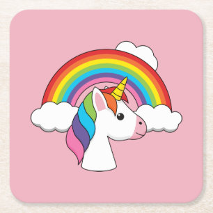 Posavasos Cuadrado De Papel Unicornio y arcoiris con nubes kawaii
