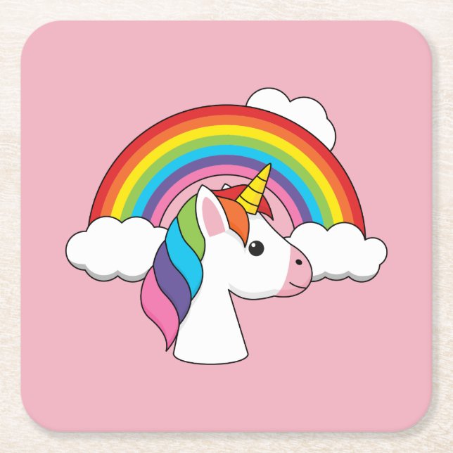 Posavasos Cuadrado De Papel Unicornio y arcoiris con nubes kawaii (Anverso)