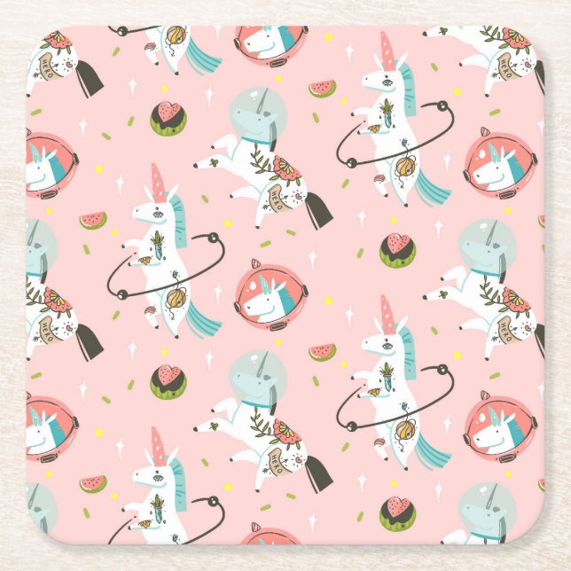 Posavasos Cuadrado De Papel Unicornios en modelo del espacio (Anverso)