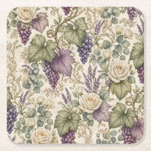 Posavasos Cuadrado De Papel Uvas Antiguas, Lavanda y Rosas Blancas