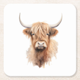Posavasos Cuadrado De Papel Vaca de las tierras altas acuarela rancho divertid
