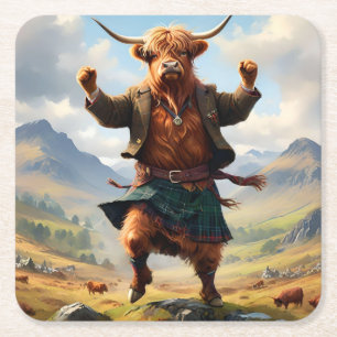Posavasos Cuadrado De Papel Vaca de las Tierras Altas Bailando The Highland Fl