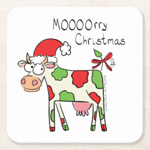 Posavasos Cuadrado De Papel Vaca Divertida Caricatura Navidad Fiesta