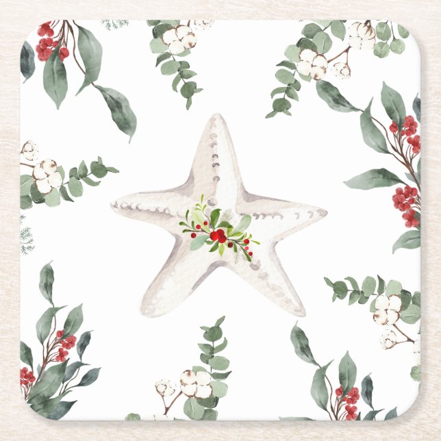 Posavasos Cuadrado De Papel Vacaciones de los Navidades de la playa de Starfis (Anverso)