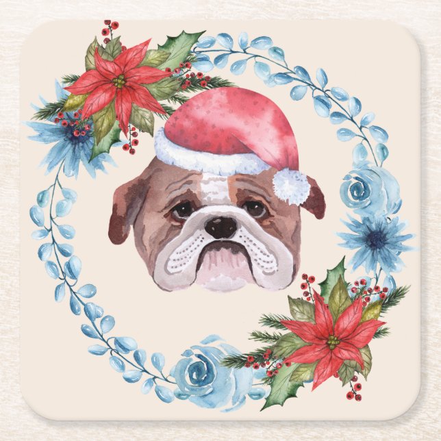 Posavasos Cuadrado De Papel Vacaciones en Bulldog de Santa Cap (Anverso)