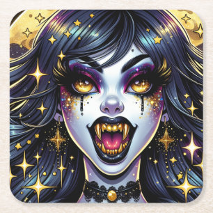 Posavasos Cuadrado De Papel Vampiro con fanáticos de oro fiesta de Halloween d