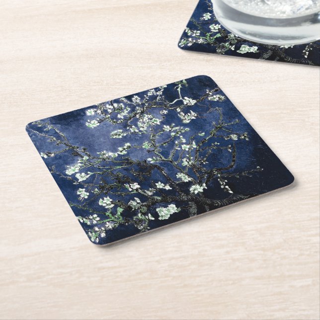 Posavasos Cuadrado De Papel Van Gogh Almond Blossoms Midnight Blue (En perspectiva)