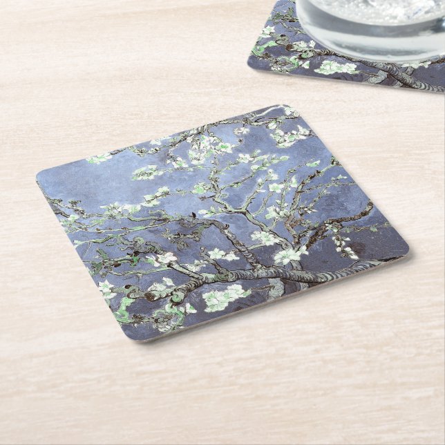 Posavasos Cuadrado De Papel Van Gogh Almond Blossoms Steel Blue (En perspectiva)