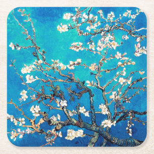 Posavasos Cuadrado De Papel Van Gogh Almond Blossoms turquesa brillante