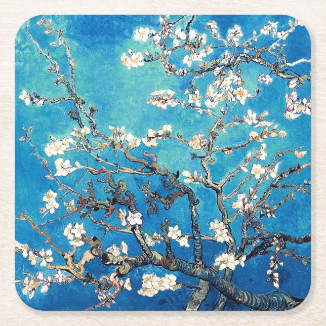 Posavasos Cuadrado De Papel Van Gogh Almond Blossoms turquesa brillante (Anverso)