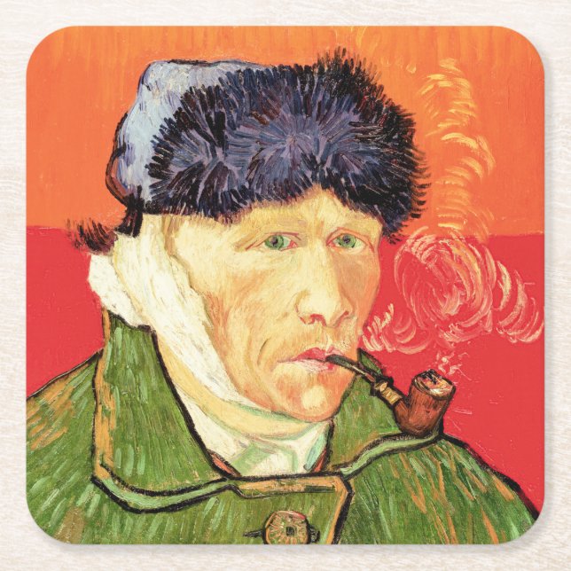Posavasos Cuadrado De Papel Van Gogh - autorretrato con oreja y tubo varados (Anverso)