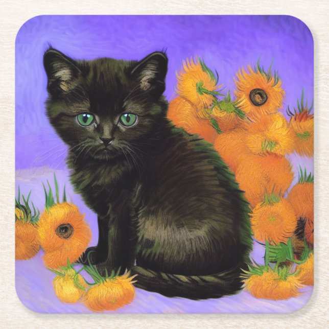 Posavasos Cuadrado De Papel Van Gogh Black Kitten con girasoles (Anverso)