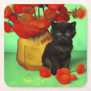 Posavasos Cuadrado De Papel Van Gogh Black Kitten Red Flowers