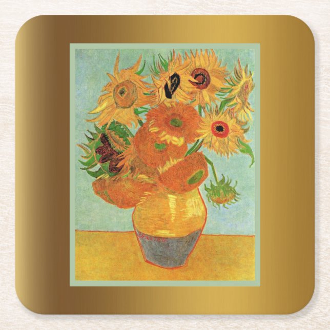 Posavasos Cuadrado De Papel Van Gogh - Doce girasoles (Anverso)