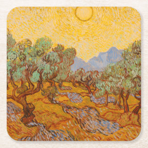 Posavasos Cuadrado De Papel Van Gogh Olive Trees cielo amarillo
