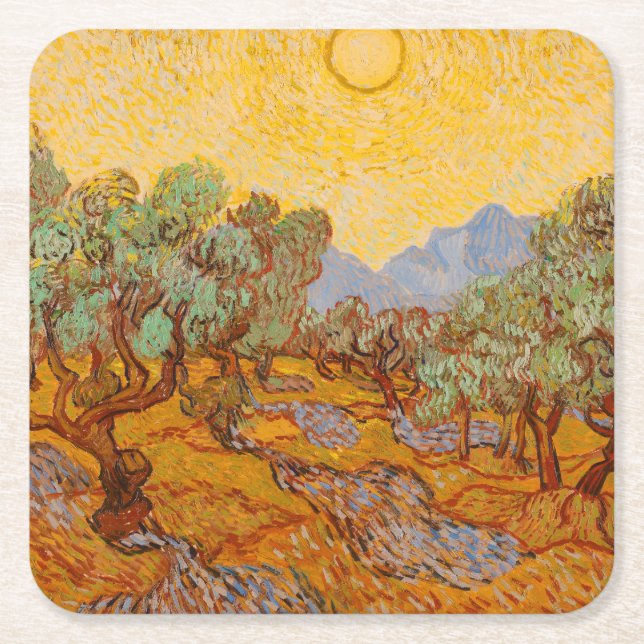 Posavasos Cuadrado De Papel Van Gogh Olive Trees cielo amarillo (Anverso)