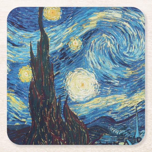 Posavasos Cuadrado De Papel Van Gogh Starry Night Classic Impresionsionist Art (Anverso)