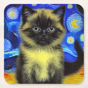 Posavasos Cuadrado De Papel Van Gogh Starry Night Siamese Cat