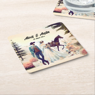 Posavasos Cuadrado De Papel Vaquero, Boda de novias y caballos