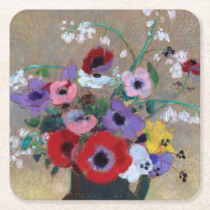 Posavasos Cuadrado De Papel Vase con flores mixtas, Redon