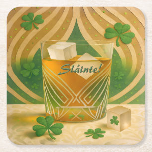 Posavasos Cuadrado De Papel Vaso de Whiskey Irlandés Shamrocks "Sláinte!"
