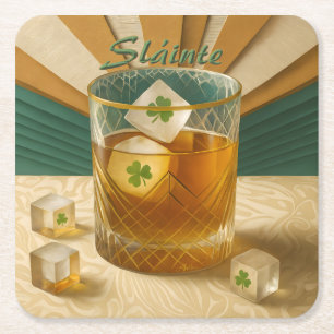 Posavasos Cuadrado De Papel Vaso de Whiskey Irlandés Trébol de Hielo "¡Salud!"