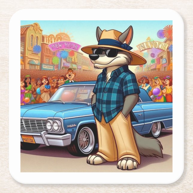Posavasos Cuadrado De Papel Vato Lobo "New Year" (Anverso)