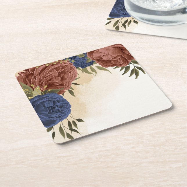 Posavasos Cuadrado De Papel vegetación floral azul marino terracota (En perspectiva)