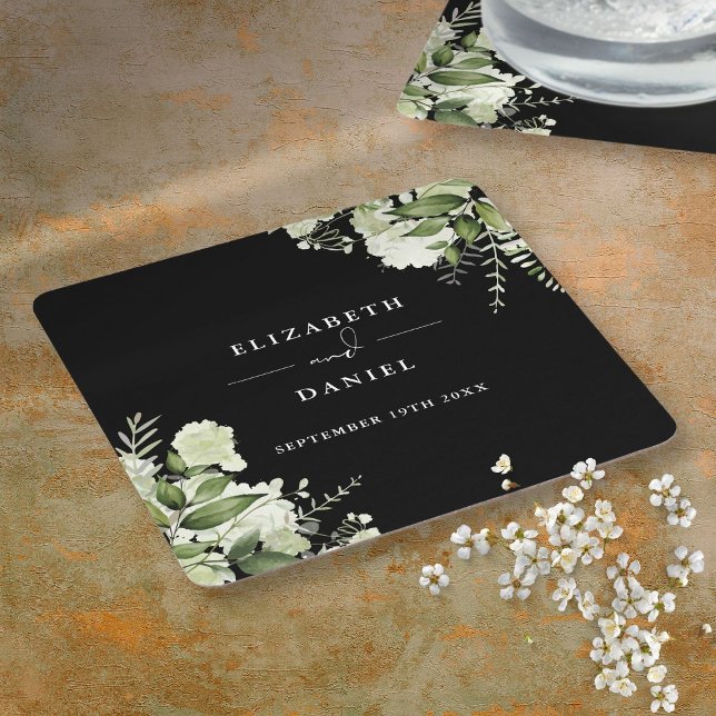 Posavasos Cuadrado De Papel Vegetación Floral Elegante Boda Blanco Y Negro (Floral Greenery Elegant Black And White Wedding Square Paper Coaster)