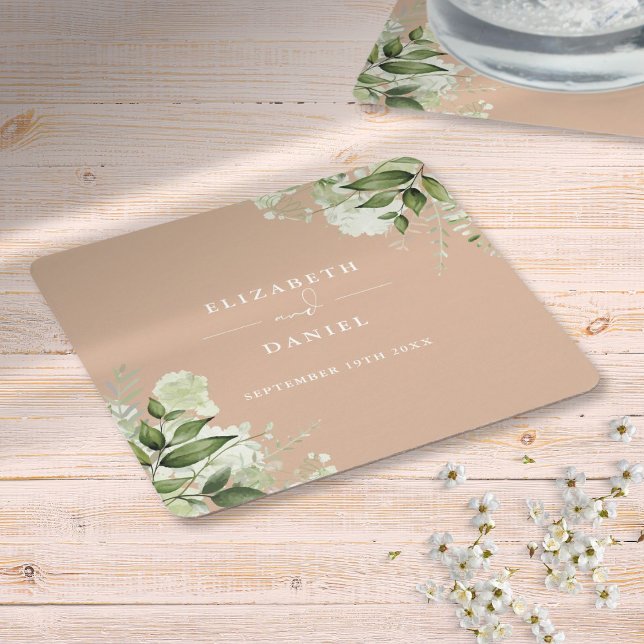 Posavasos Cuadrado De Papel Vegetación floral Elegante Tan Boda (Floral Greenery Elegant Tan Wedding Square Paper Coaster)