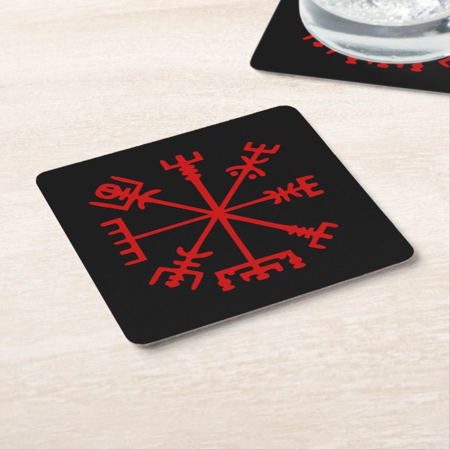 Posavasos Cuadrado De Papel Vegvísir Rojo Sangre (Vegvísir Viking Compass) (En perspectiva)