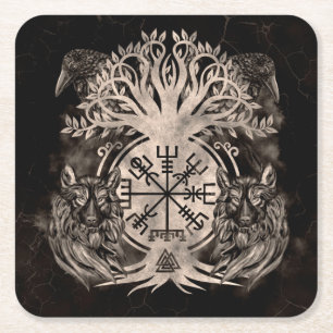 Posavasos Cuadrado De Papel Vegvisir - Yggdrasil con Ravens y Wolves