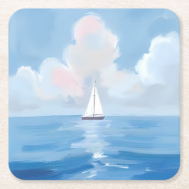 Posavasos Cuadrado De Papel Vela en azul | Pintura marina costera