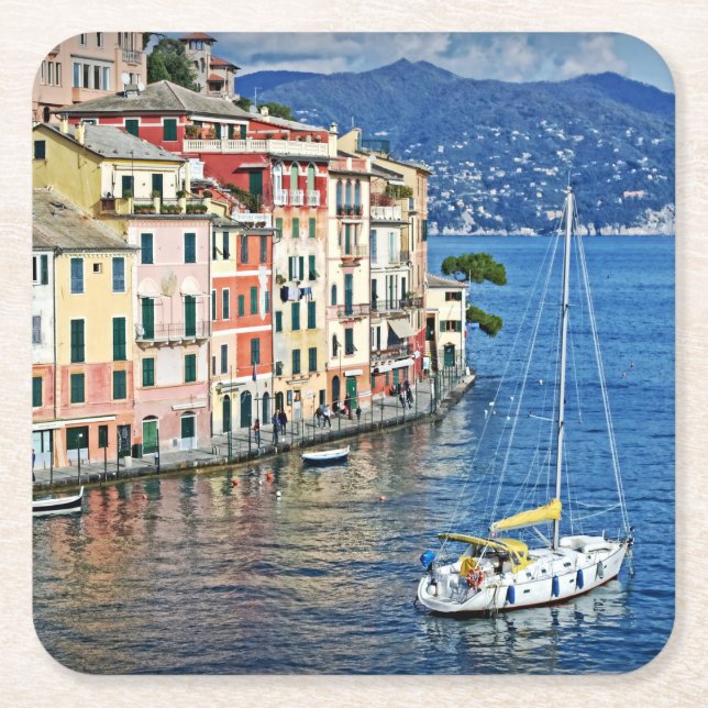 Posavasos Cuadrado De Papel Vela Portofino y la Costa Azul italiana (Anverso)