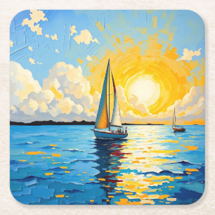 Posavasos Cuadrado De Papel Velero al atardecer