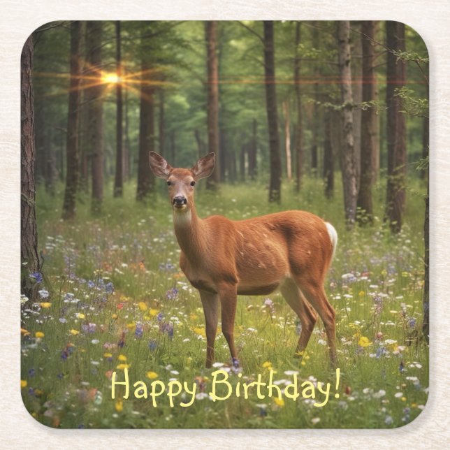 Posavasos Cuadrado De Papel Venado en un bosque mágico (Anverso)