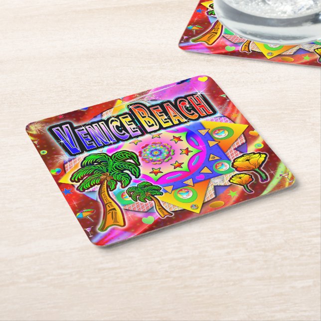 Posavasos Cuadrado De Papel Venecia Beach Tropical Friends Coaster (En perspectiva)