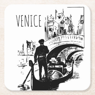 Posavasos Cuadrado De Papel Venecia Italia góndola negro blanco