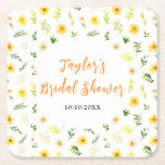 Posavasos Cuadrado De Papel Verano Daisies Floral Bridal Shower<br><div class="desc">Esta hermosa y elegante montaña rusa cuenta con flores de color amarillo acuático,  margaritas blancas y follaje. El texto combina el guión manuscrito y las fuentes serif para un aspecto elegante y moderno. Es perfecto para una ducha casera rústica de primavera o verano.</div>