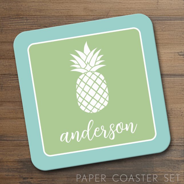 Posavasos Cuadrado De Papel Verde azulado de piña y verde caprichoso - nombre  (Custom Coaster)