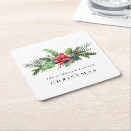 Posavasos Cuadrado De Papel Verde Botánico de Invierno Acuarela Personalizado
