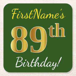 Posavasos Cuadrado De Papel Verde, Falso Oro 89 Cumpleaños + Nombre Personaliz