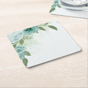 Posavasos Cuadrado De Papel verde floral azul romántico