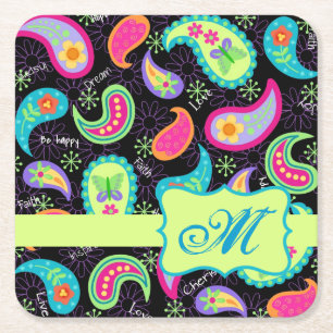 Posavasos Cuadrado De Papel Verde lima negra Paisley personalizada monograma