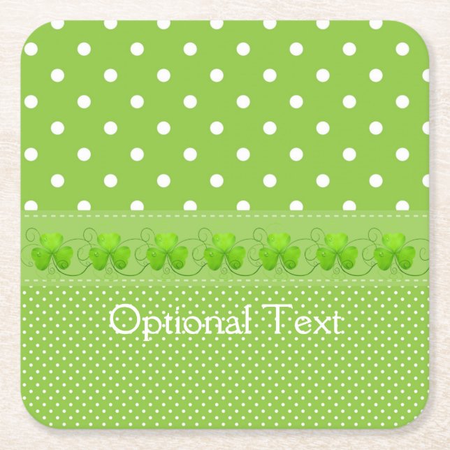 Posavasos Cuadrado De Papel Verde, Lunares y Tréboles (Anverso)