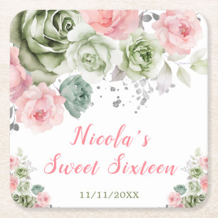 Posavasos Cuadrado De Papel Verde Salvia y Rosa Floral Sweet Sixteen