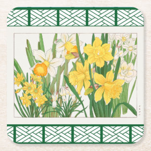 Posavasos Cuadrado De Papel Verde y Amarillo floral botánico
