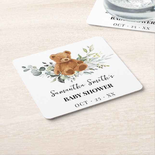 Posavasos Cuadrado De Papel Verdor de oso Baby Shower Square Paper Coaster (En perspectiva)
