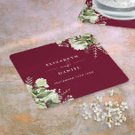 Posavasos Cuadrado De Papel Verdor floral Boda elegante de Borgoña<br><div class="desc">Elegantes gallos bodas burdeos de vegetación floral personalizados con sus nombres y fecha boda especial. Diseñado por Thisisnotme©</div>